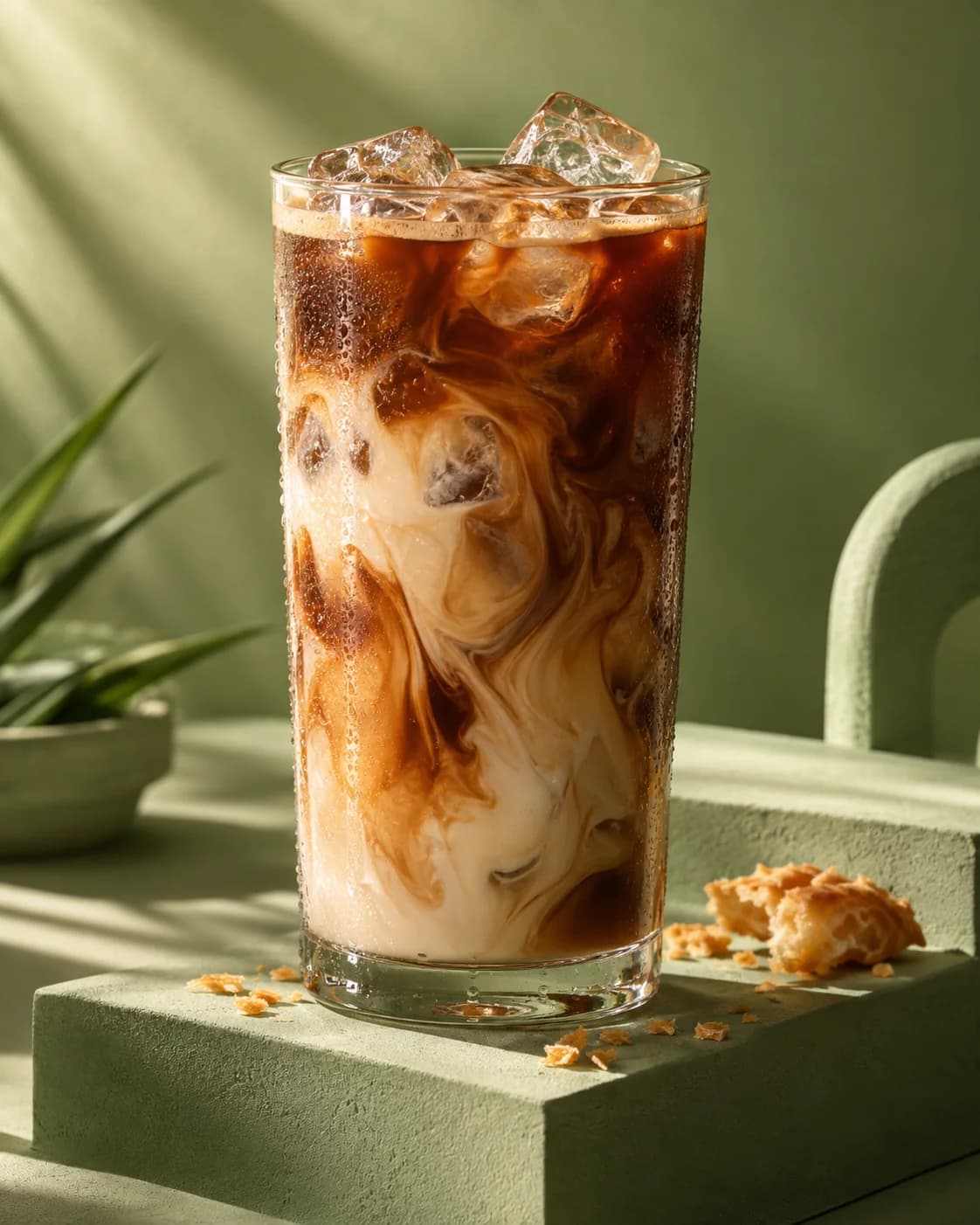 Iced coffee with swirling cream and condensation on a sculptural green plinth