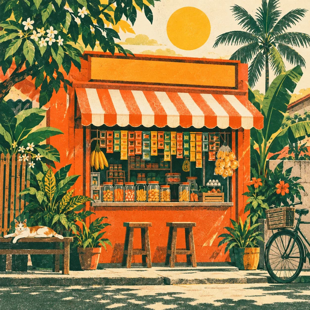 Textured illustration of a Filipino neighborhood sari-sari store surrounded by tropical plants